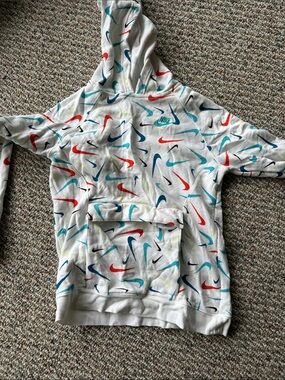 Nike White Hoodie with Red, Teal, Navy & Lime Swoosh Pattern